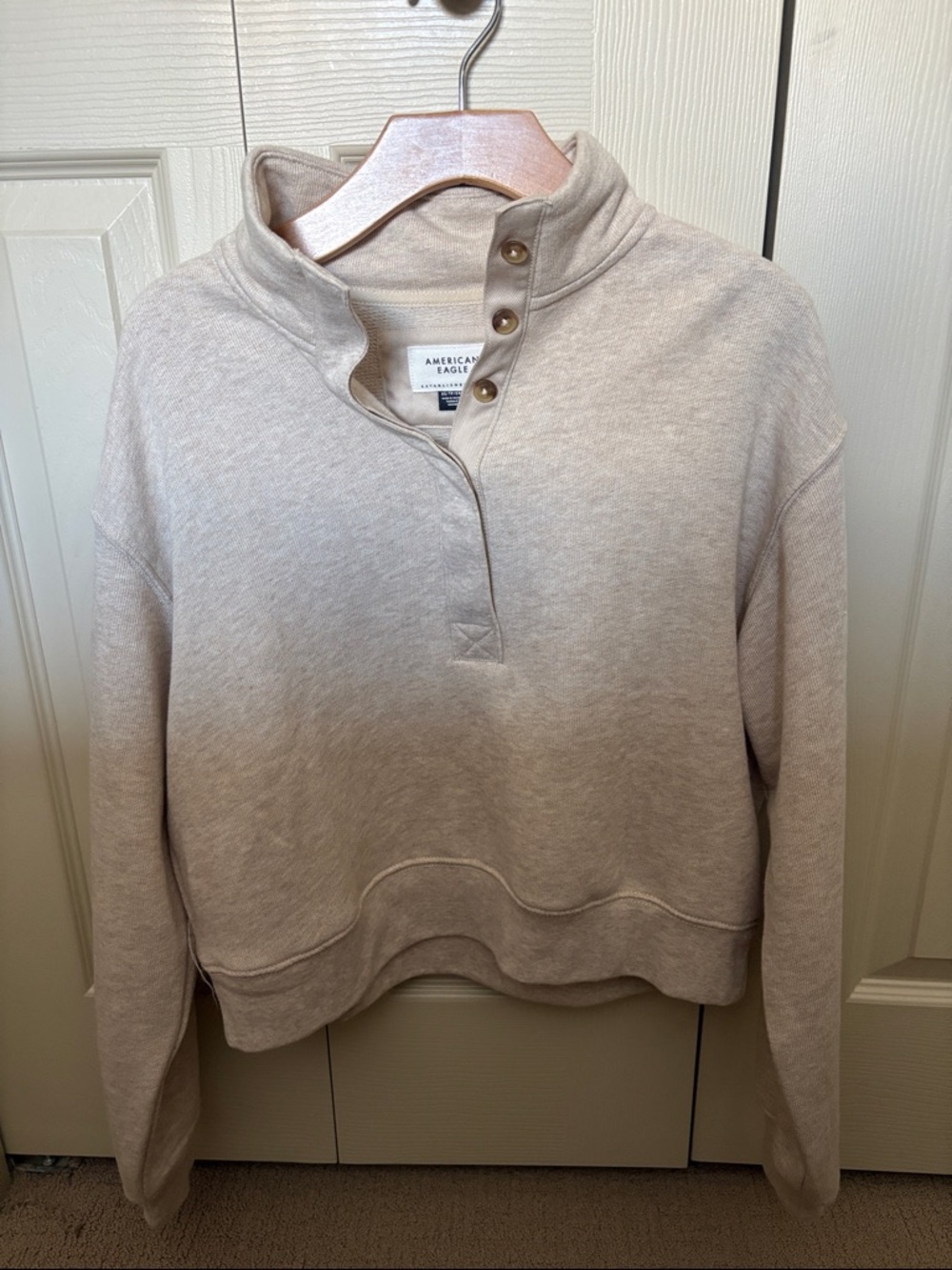 American Eagle Taupe Snap-Button Quarter Zip Sweatshirt